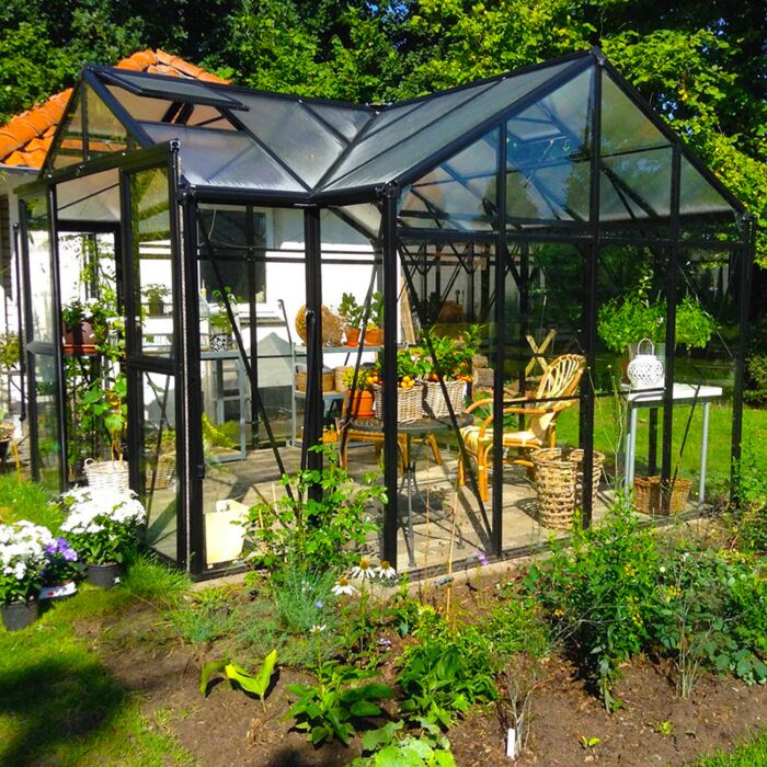 Gardenmeister Orangerie 100 chambre de jardin verre de sécurité 4mm & polycarbonate 8mm combiné noir GM901200